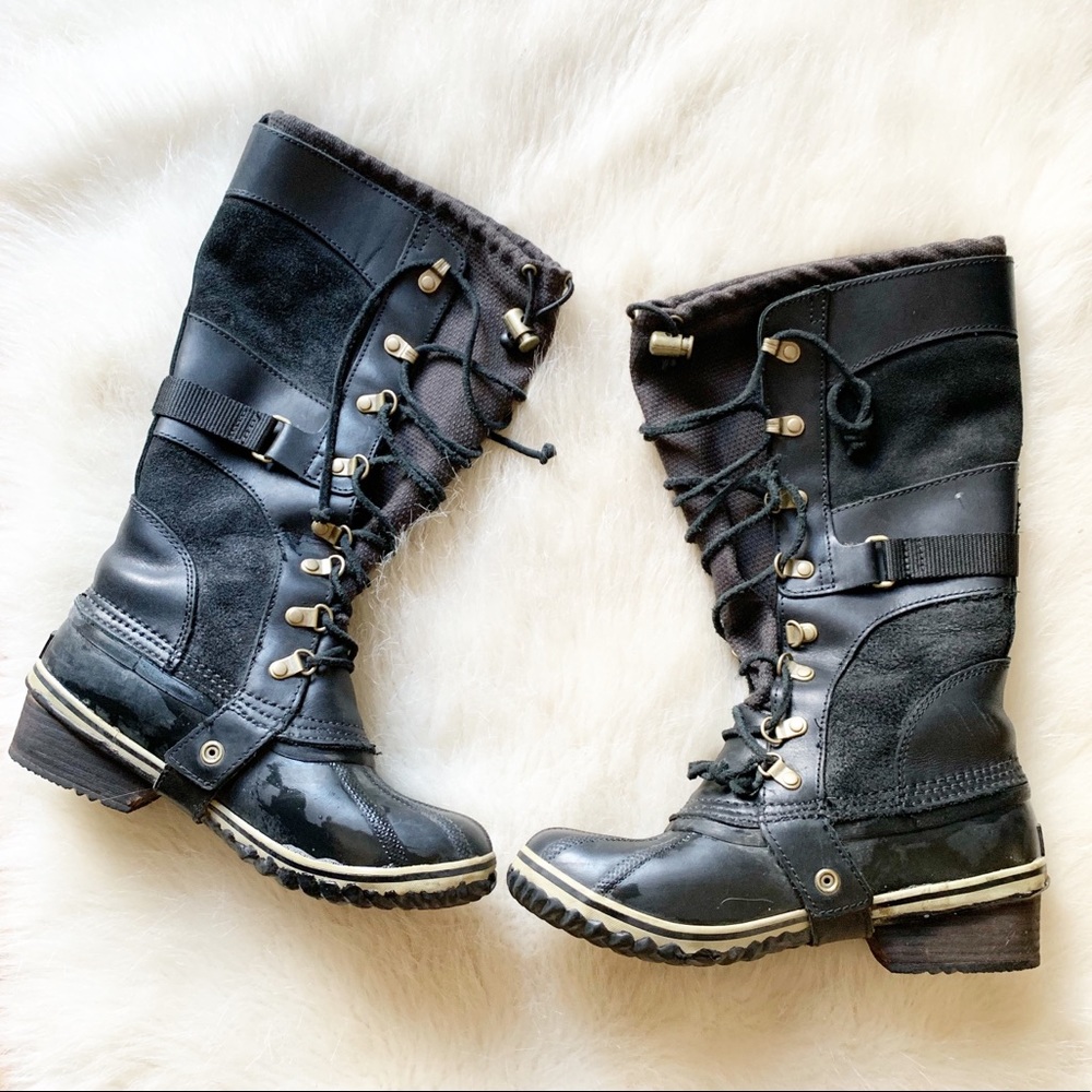 Sorel tall leather rubber duck boots 7.5 black
